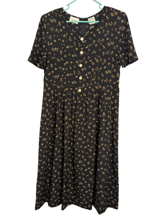 Kathie Lee Collection Dresses & Skirts - Kathie Lee Collection Black Midi Dress with Gold Floral Print and Waist Tie
